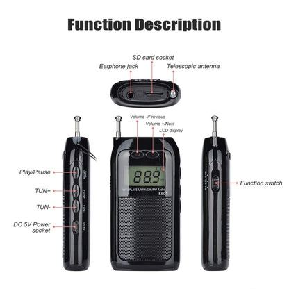 K-605 Portable FM / AM / SW Full Band Stereo Radio, Support TF Card (Black) - Radio Player by PMC Jewellery | Online Shopping South Africa | PMC Jewellery | Buy Now Pay Later Mobicred