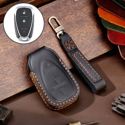 For Chevrolet 3-button Hallmo Car Cowhide Leather Key Protective Cover Key Case(Black) - Car Key Cases by Hallmo | Online Shopping South Africa | PMC Jewellery | Buy Now Pay Later Mobicred