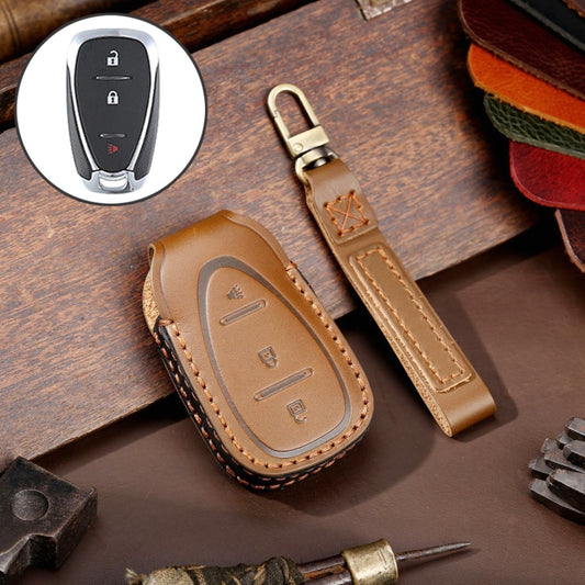 For Chevrolet 3-button Hallmo Car Cowhide Leather Key Protective Cover Key Case(Brown) - Car Key Cases by Hallmo | Online Shopping South Africa | PMC Jewellery | Buy Now Pay Later Mobicred