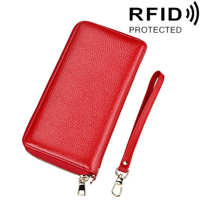 Genuine Cowhide Leather Litchi Texture Zipper Long Style Card Holder Wallet RFID Blocking Coin Purse Card Bag Protect Case with Hand Strap for Women, Size: 20*10.5*3cm(Red) - Antimagnetic RFID Package by PMC Jewellery | Online Shopping South Africa | PMC Jewellery | Buy Now Pay Later Mobicred