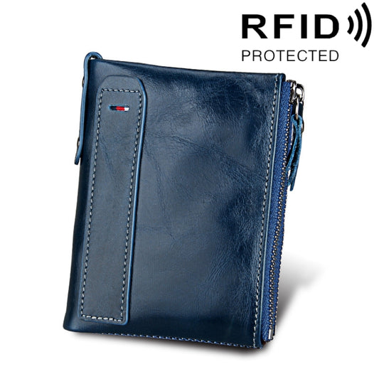 Genuine Cowhide Leather Crazy Horse Texture Dual Zipper Short Style Card Holder Wallet RFID Blocking Card Bag Protect Case for Men, Size: 12.1*9.4*2.7cm(Blue) - Antimagnetic RFID Package by PMC Jewellery | Online Shopping South Africa | PMC Jewellery | Buy Now Pay Later Mobicred