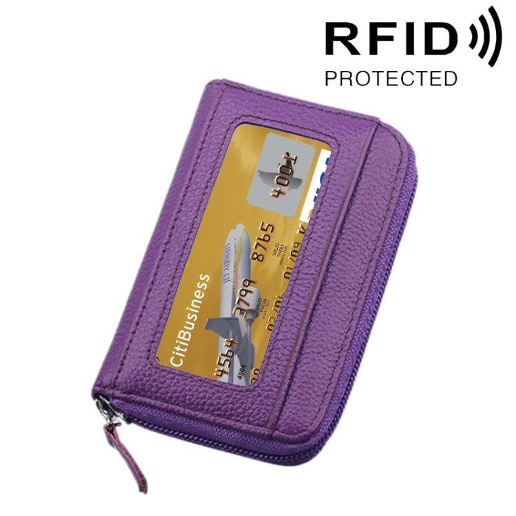 Genuine Cowhide Leather Solid Color Zipper Horizontal Card Holder Wallet RFID Blocking Card Bag Protect Case with 12 Card Slots, Size: 11.5*7.5cm(Purple) - Antimagnetic RFID Package by PMC Jewellery | Online Shopping South Africa | PMC Jewellery | Buy Now Pay Later Mobicred