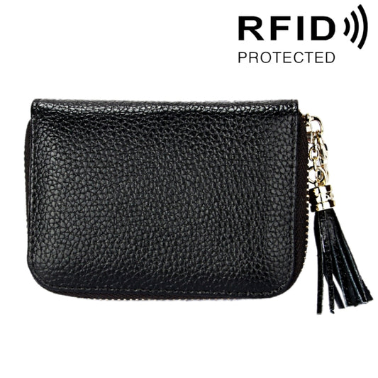 Genuine Cowhide Leather Solid Color Zipper Card Holder Wallet RFID Blocking Card Bag Protect Case Coin Purse with Tassel Pendant & 15 Card Slots for Women, Size: 11.1*7.6*3.5cm(Black) - Antimagnetic RFID Package by PMC Jewellery | Online Shopping South Africa | PMC Jewellery | Buy Now Pay Later Mobicred