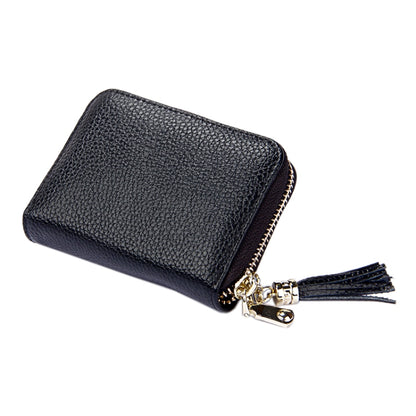 Genuine Cowhide Leather Solid Color Zipper Card Holder Wallet RFID Blocking Card Bag Protect Case Coin Purse with Tassel Pendant & 15 Card Slots for Women, Size: 11.1*7.6*3.5cm(Black) - Antimagnetic RFID Package by PMC Jewellery | Online Shopping South Africa | PMC Jewellery | Buy Now Pay Later Mobicred