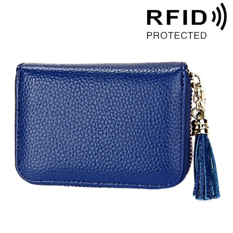 Genuine Cowhide Leather Solid Color Zipper Card Holder Wallet RFID Blocking Card Bag Protect Case Coin Purse with Tassel Pendant & 15 Card Slots for Women, Size: 11.1*7.6*3.5cm(Blue) - Antimagnetic RFID Package by PMC Jewellery | Online Shopping South Africa | PMC Jewellery | Buy Now Pay Later Mobicred