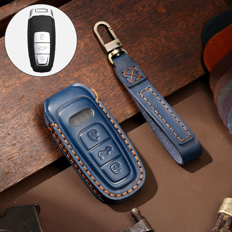 Hallmo Car Cowhide Leather Key Protective Cover Key Case for Audi A6L / A8L / A4 / A7 / A5 C Style(Blue) - Car Key Cases by Hallmo | Online Shopping South Africa | PMC Jewellery | Buy Now Pay Later Mobicred