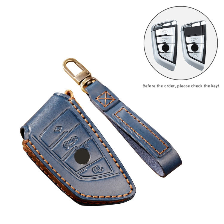 Hallmo Car Cowhide Leather Key Protective Cover Key Case for BMW Blade Style(Blue) - Car Key Cases by Hallmo | Online Shopping South Africa | PMC TechLife | Buy Now Pay Later Mobicred