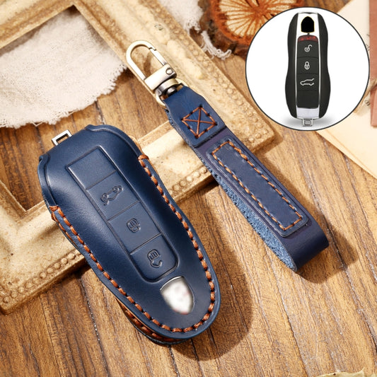 Hallmo Car Cowhide Leather Key Protective Cover Key Case for Porsche Macan 718 2021 A Style(Blue) - Car Key Cases by Hallmo | Online Shopping South Africa | PMC Jewellery | Buy Now Pay Later Mobicred