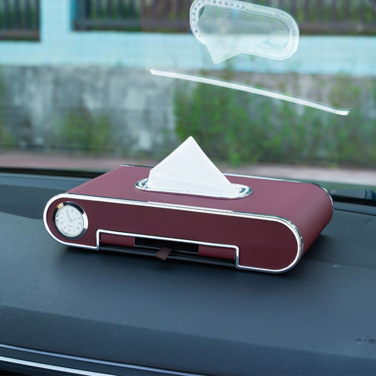 Car Dashboard Diamond Paper Towel Box with Temporary Parking Phone Number Card & Phone Holder & Clock(Wine Red) - Tissue Boxes by PMC Jewellery | Online Shopping South Africa | PMC Jewellery | Buy Now Pay Later Mobicred