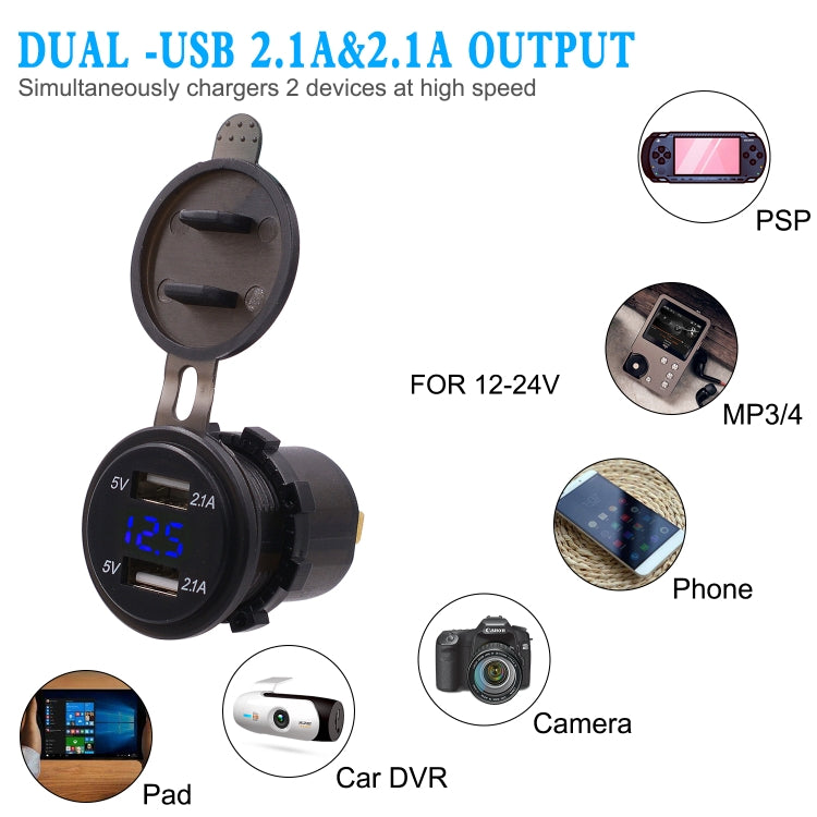 Universal Car Dual Port USB Charger Power Outlet Adapter 4.2A 5V IP66 with LED Digital Voltmeter + 60cm Cable(Blue Light) - DIY Modified Charger by PMC Jewellery | Online Shopping South Africa | PMC Jewellery | Buy Now Pay Later Mobicred