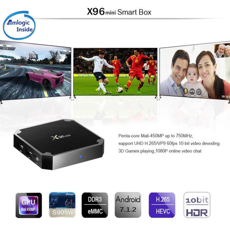 X96 mini 4K*2K UHD Output Smart TV BOX Player with Remote Controller without Wall Mount, Android 7.1.2 Amlogic S905W Quad Core ARM Cortex A53 2GHz, RAM: 1GB, ROM: 8GB, Supports WiFi, HDMI, TF(Black) - Amlogic S905 by PMC Jewellery | Online Shopping South Africa | PMC Jewellery | Buy Now Pay Later Mobicred