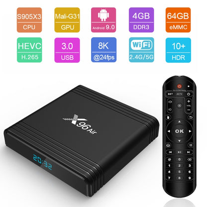 X96 Air 8K Smart TV BOX Android 9.0 Media Player with Remote Control, Quad-core Amlogic S905X3, RAM: 4GB, ROM: 64GB, Dual Band WiFi, Bluetooth, UK Plug - Amlogic S905 by PMC Jewellery | Online Shopping South Africa | PMC Jewellery | Buy Now Pay Later Mobicred