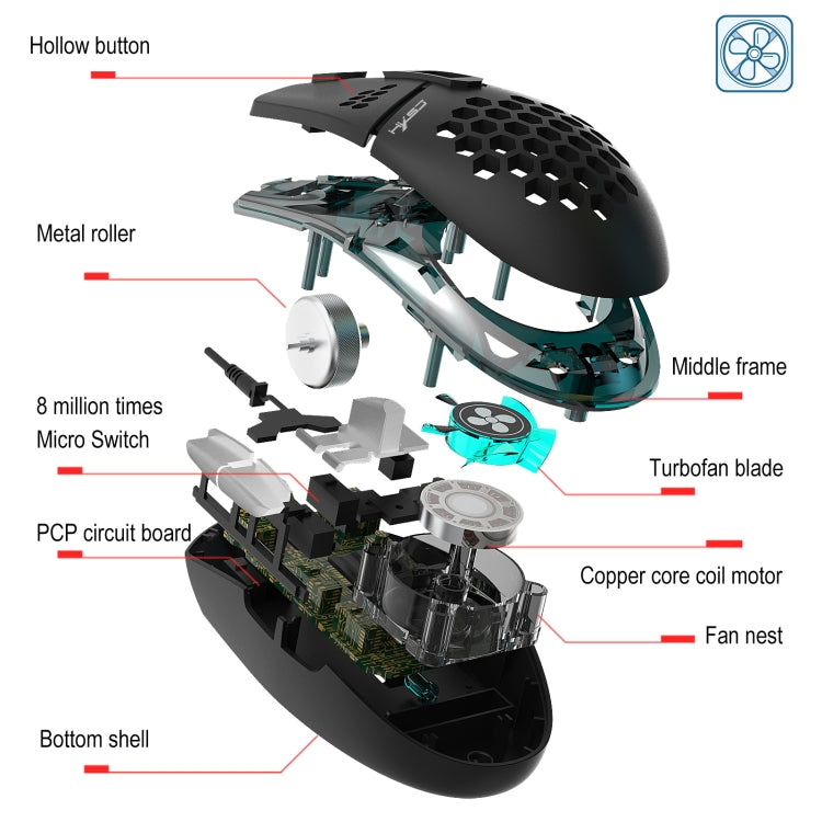 HXSJ J400 6 Keys 8000DPI RGB Light Fan Cooling Gaming Wired Mouse - Wired Mice by HXSJ | Online Shopping South Africa | PMC Jewellery