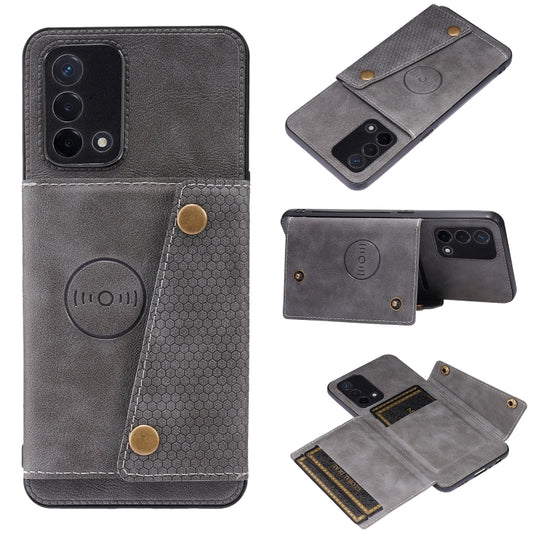 For OPPO A74 4G Double Buckle PU + TPU Shockproof Magnetic Protective Case with Card Slot & Holder(Grey) - OPPO Cases by PMC Jewellery | Online Shopping South Africa | PMC Jewellery | Buy Now Pay Later Mobicred