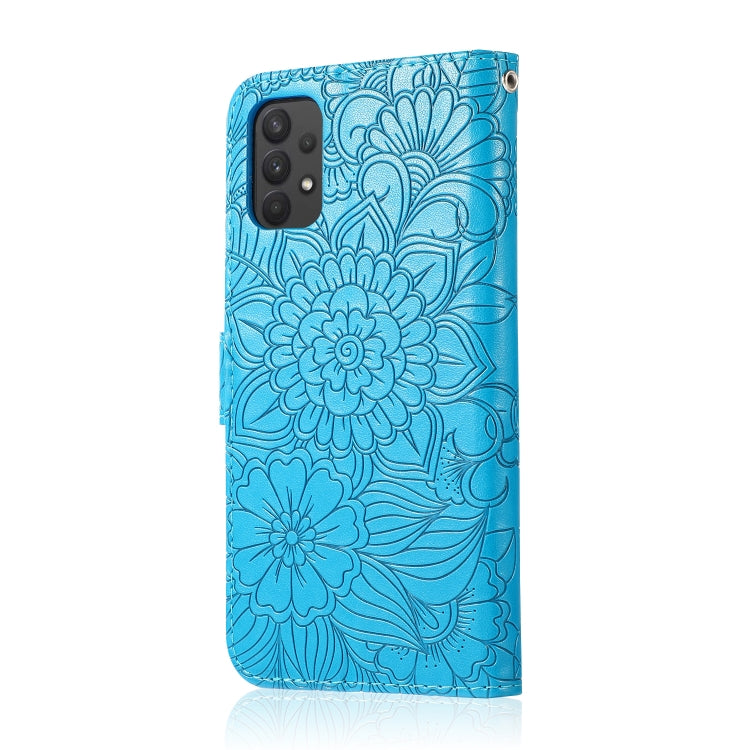 For Samsung Galaxy A32 4G Skin Feel Embossed Sunflower Horizontal Flip Leather Case with Holder & Card Slots & Wallet & Lanyard(Blue) - Galaxy Phone Cases by PMC Jewellery | Online Shopping South Africa | PMC Jewellery