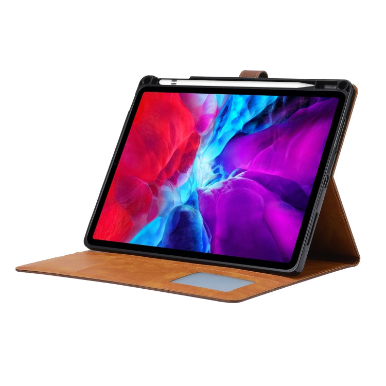 For iPad Air 13 2024 / iPad Pro 12.9 2022/2021/2020 Calf Texture Double Fold Clasp Horizontal Flip Leather Tablet Case with Photo Frame & Holder & Card Slots & Wallet(Brown) - iPad Pro 12.9 (2022/2021) Cases by PMC TechLife | Online Shopping South Africa | PMC TechLife | Buy Now Pay Later Mobicred
