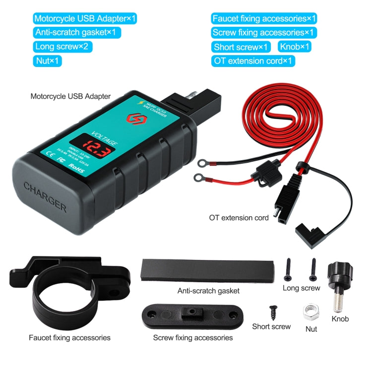 WUPP ZH-1422A3 DC12-24V Motorcycle Square Dual USB Fast Charging Charger with Switch + Voltmeter + Integrated SAE Socket + 1.4m OT Terminal Cable - Battery Charger by WUPP | Online Shopping South Africa | PMC Jewellery | Buy Now Pay Later Mobicred