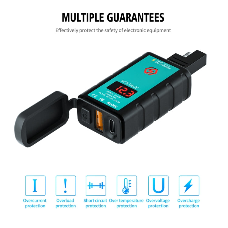 WUPP ZH-1422B1 DC12-24V Motorcycle Square Single USB + PD Fast Charging Charger with Switch + Voltmeter + Integrated SAE Socket - Battery Charger by WUPP | Online Shopping South Africa | PMC Jewellery | Buy Now Pay Later Mobicred