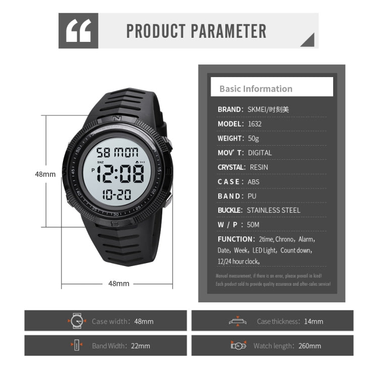 SKMEI 1632 Dual Time Display Luminous Electronic Watch, Support Alarm Clock(Black and White) - free shipping - PMC TechLife - Order now!