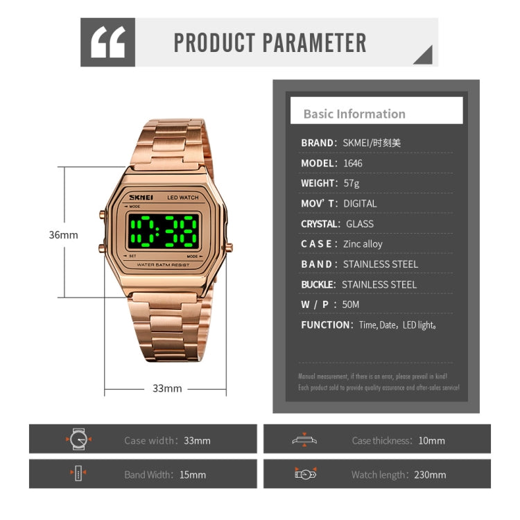 SKMEI 1646 LED Digital Display Luminous Electronic Watch(Rose Gold) - free shipping - PMC TechLife - Order now!