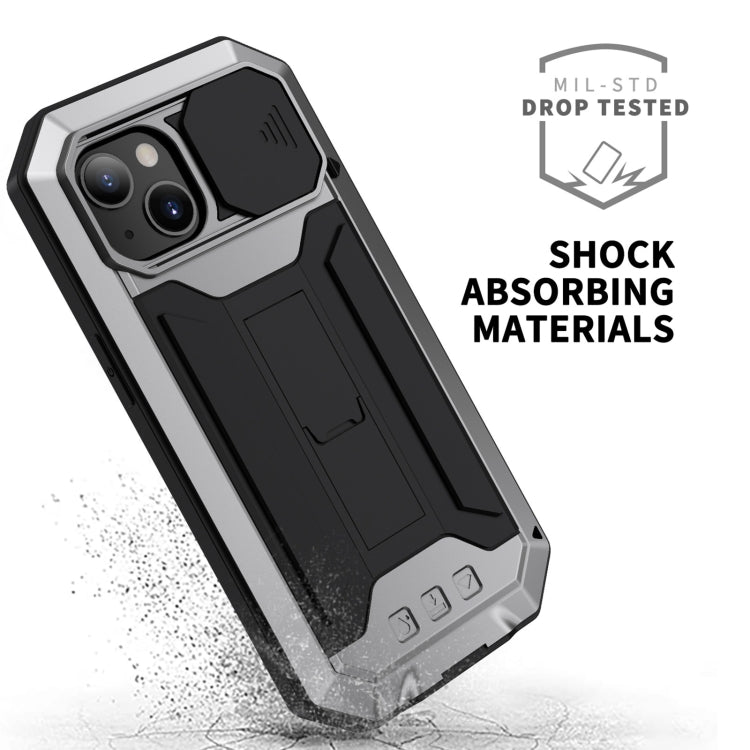 For iPhone 13 R-JUST Sliding Camera Shockproof Life Waterproof Dust-proof Metal + Silicone Protective Case with Holder(Silver) - iPhone 13 Cases by R-JUST | Online Shopping South Africa | PMC Jewellery