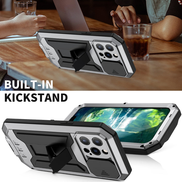 For iPhone 13 Pro Max R-JUST Sliding Camera Shockproof Life Waterproof Dust-proof Metal + Silicone Protective Case with Holder (Silver) - iPhone 13 Pro Max Cases by R-JUST | Online Shopping South Africa | PMC TechLife | Buy Now Pay Later Mobicred