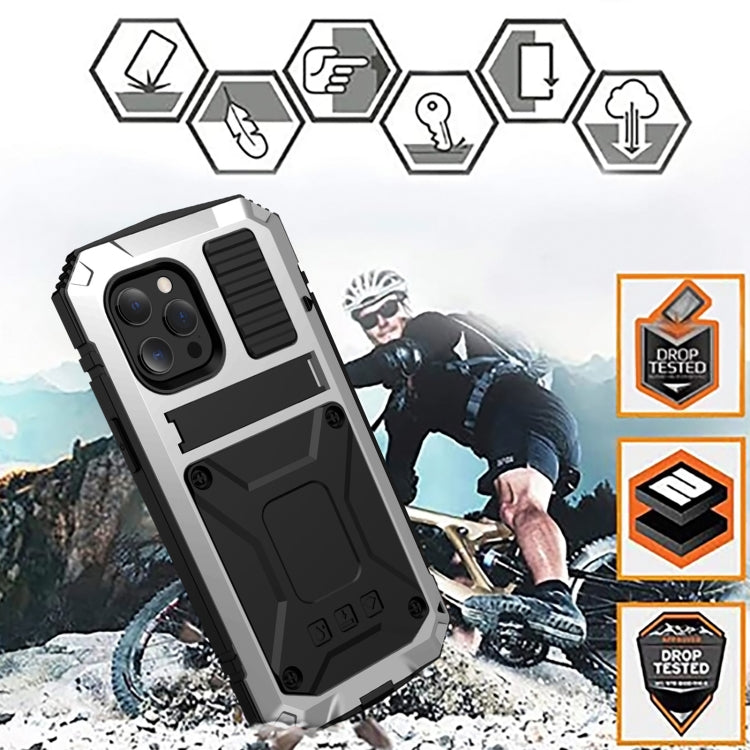 For iPhone 13 Pro R-JUST Shockproof Waterproof Dust-proof Metal + Silicone Protective Case with Holder (Silver) - iPhone 13 Pro Cases by R-JUST | Online Shopping South Africa | PMC TechLife | Buy Now Pay Later Mobicred