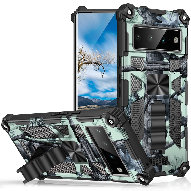 For Google Pixel 6 Pro Camouflage Armor Shockproof TPU + PC Magnetic Phone Case with Holder(Mint Green) - Google Cases by PMC Jewellery | Online Shopping South Africa | PMC Jewellery