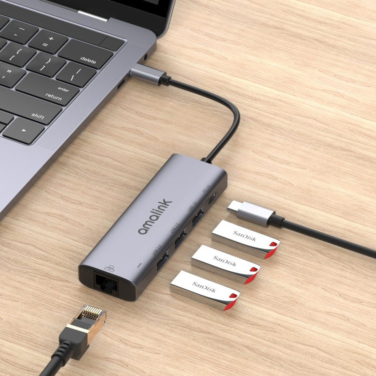 amalink 95121D Type-C / USB-C to RJ45 + 3 Ports USB + PD 3.0 Multi-function HUB(Grey) - free shipping - PMC Jewellery - Order now!