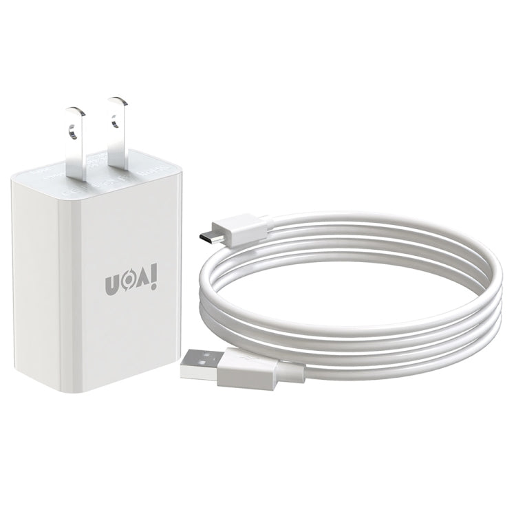 IVON AD-33 2 in 1 2.1A Single USB Port Travel Charger + 1m USB to Micro USB Data Cable Set, US Plug(White) - free shipping - PMC TechLife - Order now!