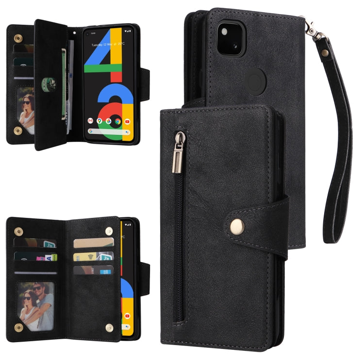 For Google Pixel 4A 4G Rivet Buckle 9 Cards Three Fold Leather Phone Case(Black) - Google Cases by PMC Jewellery | Online Shopping South Africa | PMC Jewellery | Buy Now Pay Later Mobicred