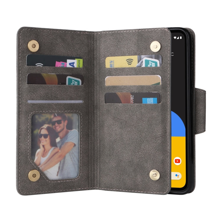 For Google Pixel 4A 4G Rivet Buckle 9 Cards Three Fold Leather Phone Case(Grey) - Google Cases by PMC TechLife | Online Shopping South Africa | PMC TechLife | Buy Now Pay Later Mobicred