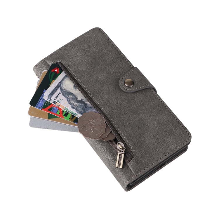 For Google Pixel 4A 5G Rivet Buckle 9 Cards Three Fold Leather Phone Case(Grey) - Google Cases by PMC TechLife | Online Shopping South Africa | PMC TechLife | Buy Now Pay Later Mobicred