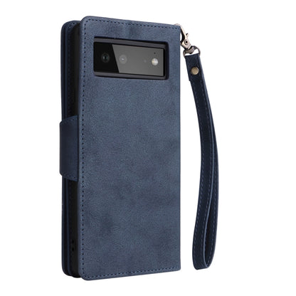 For Google Pixel 6 Rivet Buckle 9 Cards Three Fold Leather Phone Case(Blue) - Google Cases by PMC Jewellery | Online Shopping South Africa | PMC Jewellery | Buy Now Pay Later Mobicred