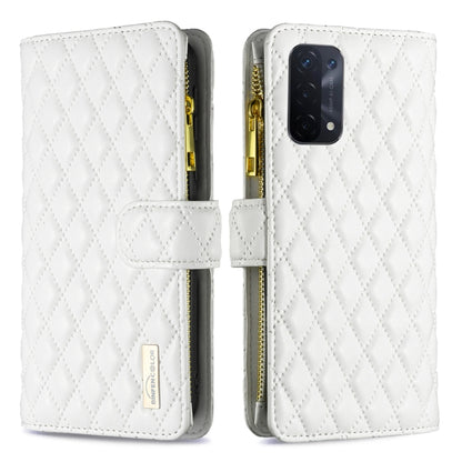 For OPPO A74 5G / A93 5G / A54 5G Diamond Lattice Zipper Wallet Leather Flip Phone Case(White) - OPPO Cases by PMC Jewellery | Online Shopping South Africa | PMC Jewellery