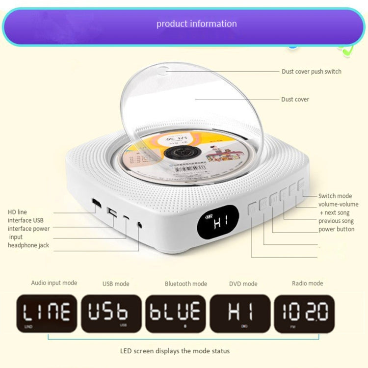 Kecag KC-609 Wall Mounted Home DVD Player Bluetooth CD Player, Specification:CD Version+ Not Connected to TV+ Plug-In Version(White) - free shipping - PMC Jewellery - Order now!