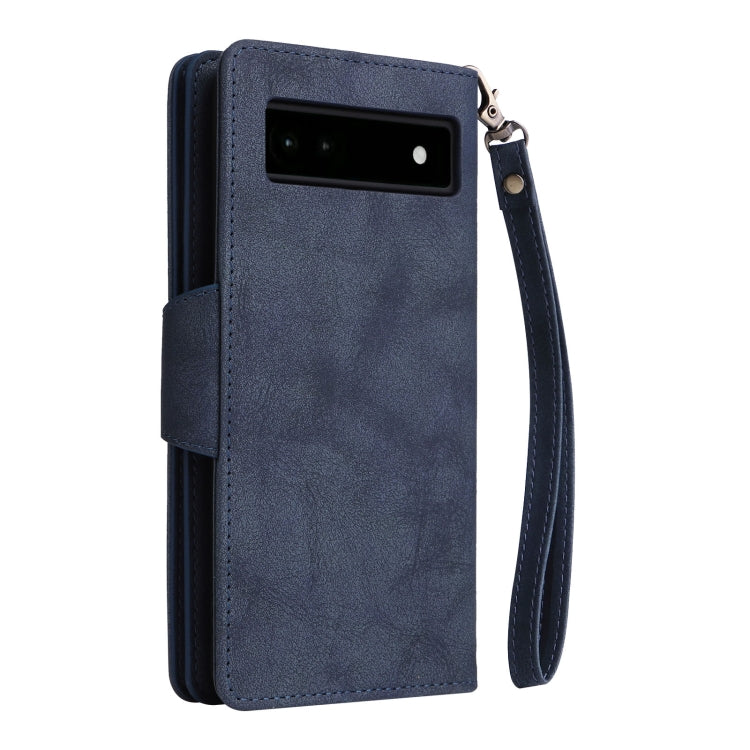 For Google Pixel 6a Rivet Buckle 9 Cards Three Fold Leather Phone Case(Blue) - Google Cases by PMC Jewellery | Online Shopping South Africa | PMC Jewellery | Buy Now Pay Later Mobicred