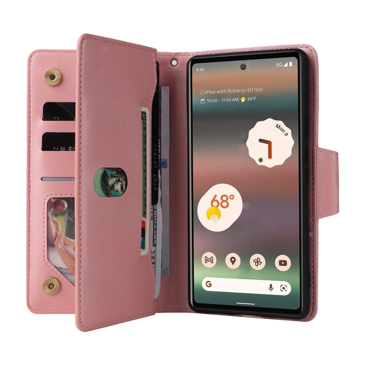For Google Pixel 6a Rivet Buckle 9 Cards Three Fold Leather Phone Case(Rose Gold) - Google Cases by PMC TechLife | Online Shopping South Africa | PMC TechLife | Buy Now Pay Later Mobicred