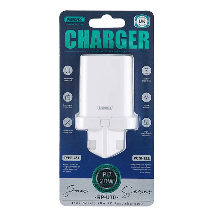 REMAX RP-U70 Jane Series 20W USB-C/Type-C PD Fast Charger, Specification:UK Plug(White) - USB Charger by REMAX | Online Shopping South Africa | PMC Jewellery | Buy Now Pay Later Mobicred