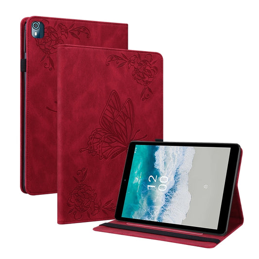 For Nokia T10 Butterfly Flower Embossed Leather Tablet Case(Red) - Nokia by PMC Jewellery | Online Shopping South Africa | PMC Jewellery | Buy Now Pay Later Mobicred