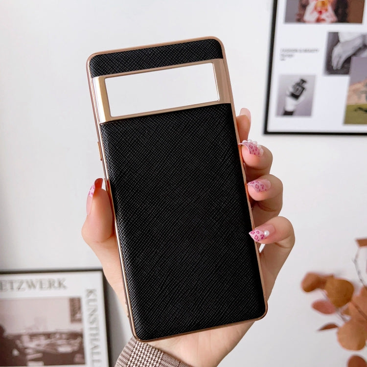 For Google Pixel 6 Pro Nano Electroplating Cross Texture Genuine Leather Phone Case(Black) - Google Cases by PMC TechLife | Online Shopping South Africa | PMC TechLife | Buy Now Pay Later Mobicred