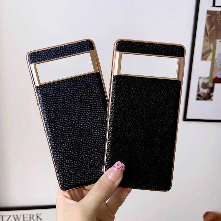 For Google Pixel 6 Pro Nano Electroplating Cross Texture Genuine Leather Phone Case(Blue) - Google Cases by PMC TechLife | Online Shopping South Africa | PMC TechLife | Buy Now Pay Later Mobicred