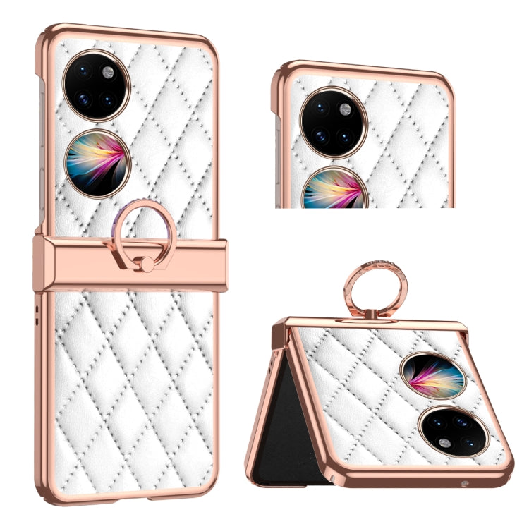 For Huawei P50 Pocket Grid Leather Pattern Electroplating Frame Folding Phone Case(White) - Huawei Cases by PMC TechLife | Online Shopping South Africa | PMC TechLife | Buy Now Pay Later Mobicred