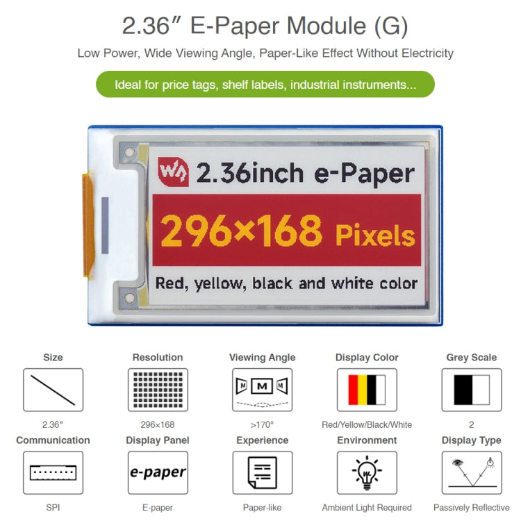 Waveshare 2.36 inch 296×168 E-paper Module - Mini PC Accessories by WAVESHARE | Online Shopping South Africa | PMC Jewellery | Buy Now Pay Later Mobicred