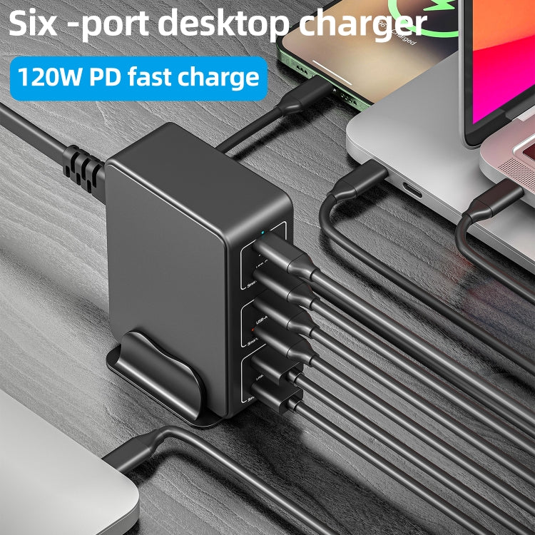 818H 120W Type-C + USB 6-Ports Desktop Fast Charger, Plug Type:EU Plug(Black) - Multifunction Charger by PMC Jewellery | Online Shopping South Africa | PMC Jewellery | Buy Now Pay Later Mobicred