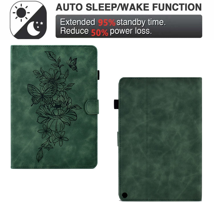 For Amazon Kindle Fire HD10 2021 Peony Butterfly Embossed Leather Smart Tablet Case(Green) - Amazon by PMC TechLife | Online Shopping South Africa | PMC TechLife | Buy Now Pay Later Mobicred