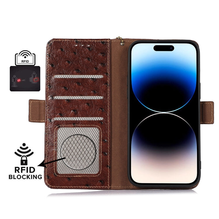 For OnePlus Nord CE 3 Lite Ostrich Pattern Genuine Leather RFID Phone Case(Coffee) - OnePlus Cases by PMC TechLife | Online Shopping South Africa | PMC TechLife | Buy Now Pay Later Mobicred