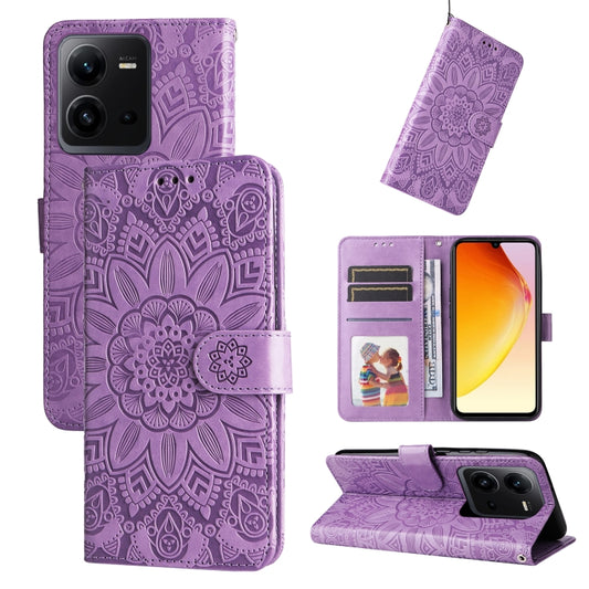 For vivo V25 5G/V25e 4G Embossed Sunflower Leather Phone Case(Purple) - vivo Cases by PMC Jewellery | Online Shopping South Africa | PMC Jewellery