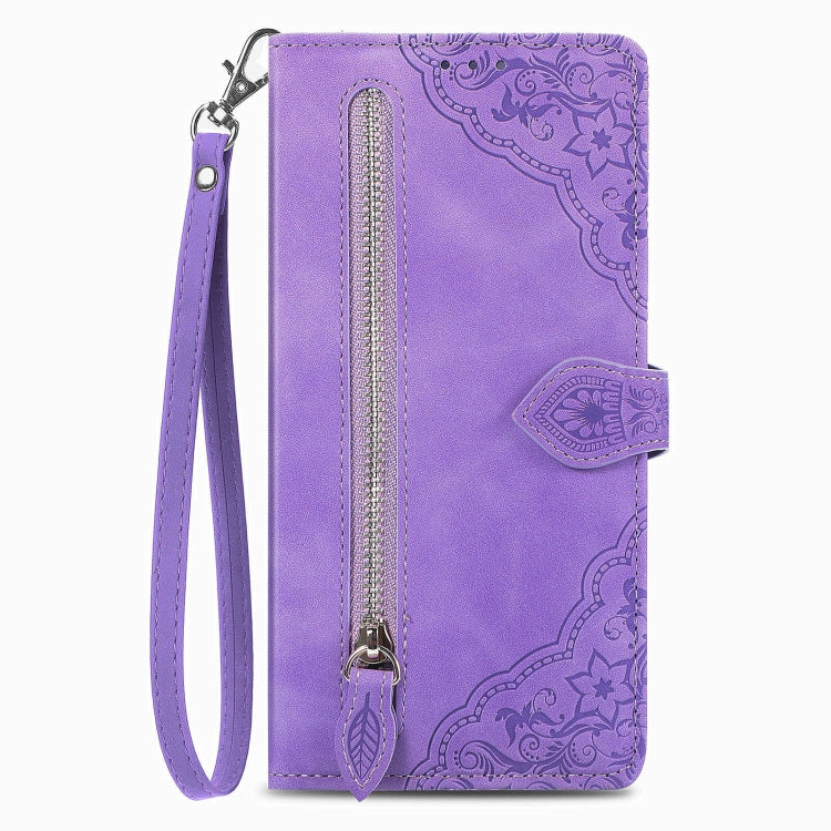 For Blackview A85 Embossed Flower Zipper Leather Phone Case(Purple) - More Brand by PMC TechLife | Online Shopping South Africa | PMC TechLife | Buy Now Pay Later Mobicred