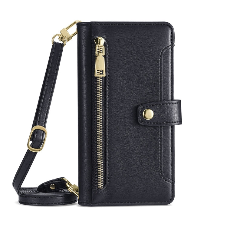For Nokia C32 Sheep Texture Cross-body Zipper Wallet Leather Phone Case(Black) - Nokia Cases by PMC TechLife | Online Shopping South Africa | PMC TechLife | Buy Now Pay Later Mobicred